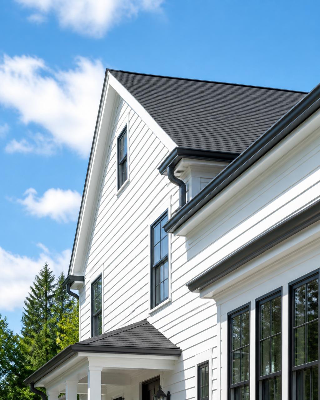 White clapboard home with professionally installed dark seamless gutters against a bright New England sky